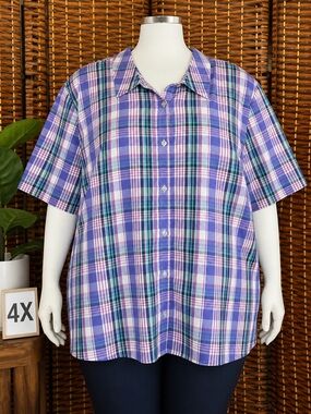 Woman Within 4X Purple Plaid Button Up Shirt Plus Size 34/36 Lightweight